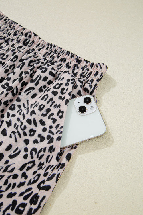 Leopard Half Zipper Collared Ruffled Sleeve Top and Short Set
