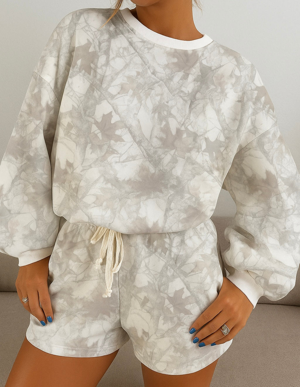 Camo Print Baggy Pullover Drawstring Shorts Set