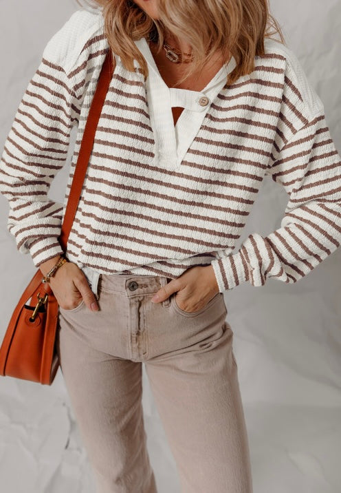 Stripe Textured Hooded V Neck Casual Long Sleeve Top
