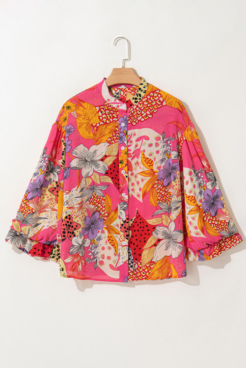 Floral Print Buttoned Ruffled Bubble Sleeve Shirt