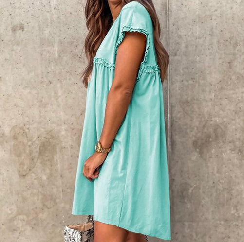 Frilled Trim Crew Neck Loose Fit Mini Dress