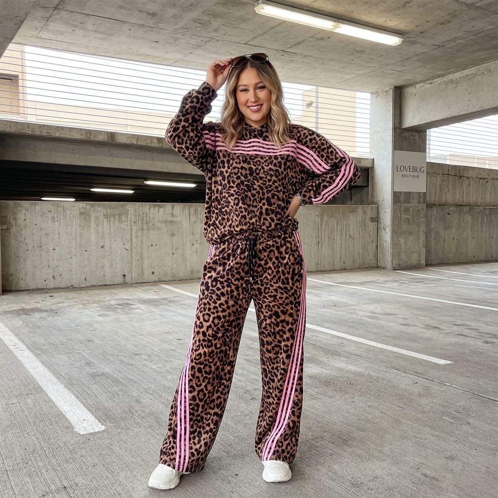 Brown Leopard Print Contrast Striped Detail Long Sleeve Top Pant Set