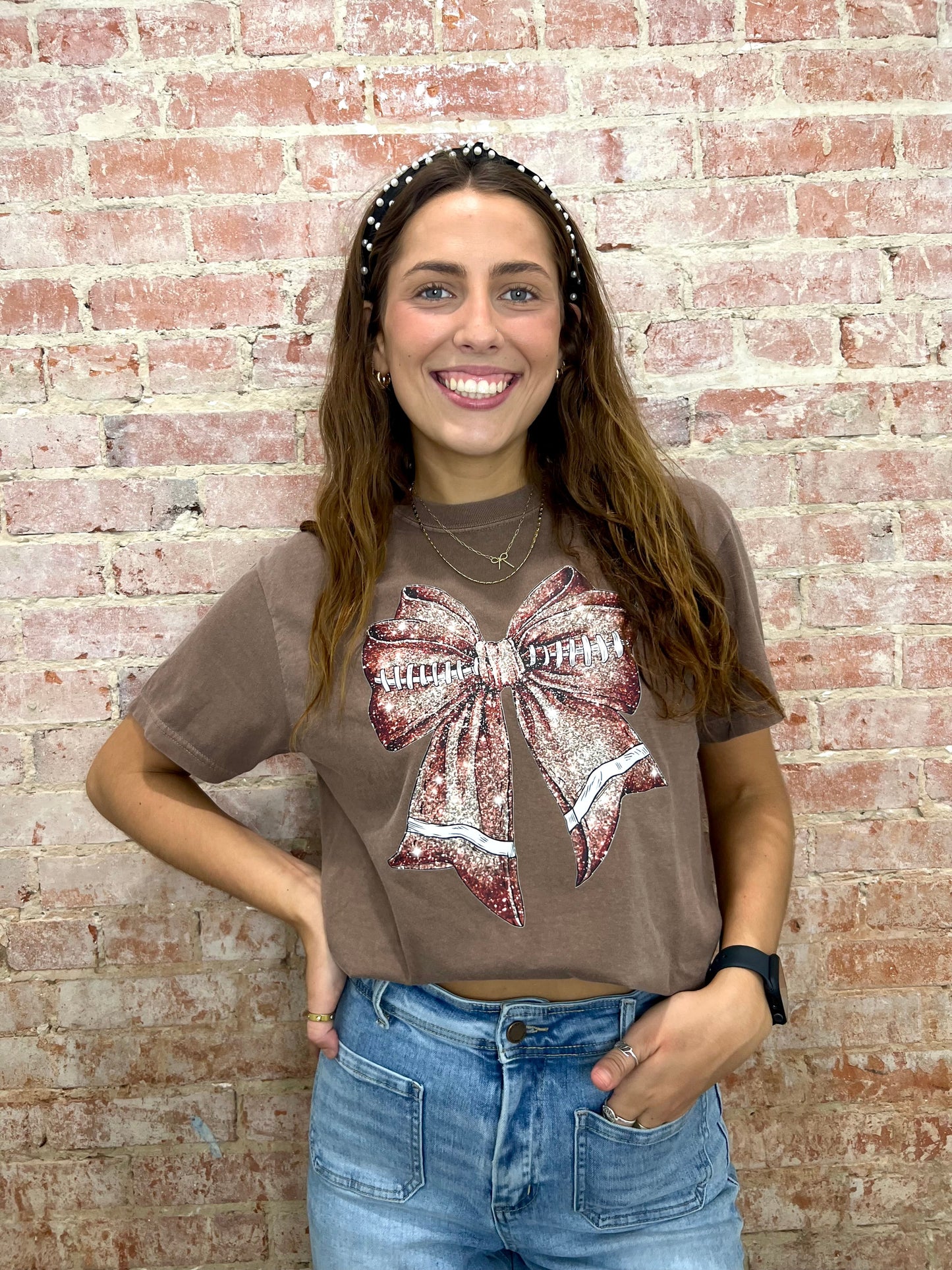 Sparkle Football Bow Graphic Tee and Sweatshirt