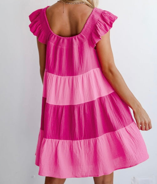 Crinkled Colorblock Patchwork Flutter Tiered Mini Dress