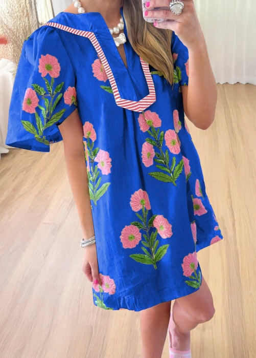 Floral Short Sleeve Split Neck Loose Mini Dress