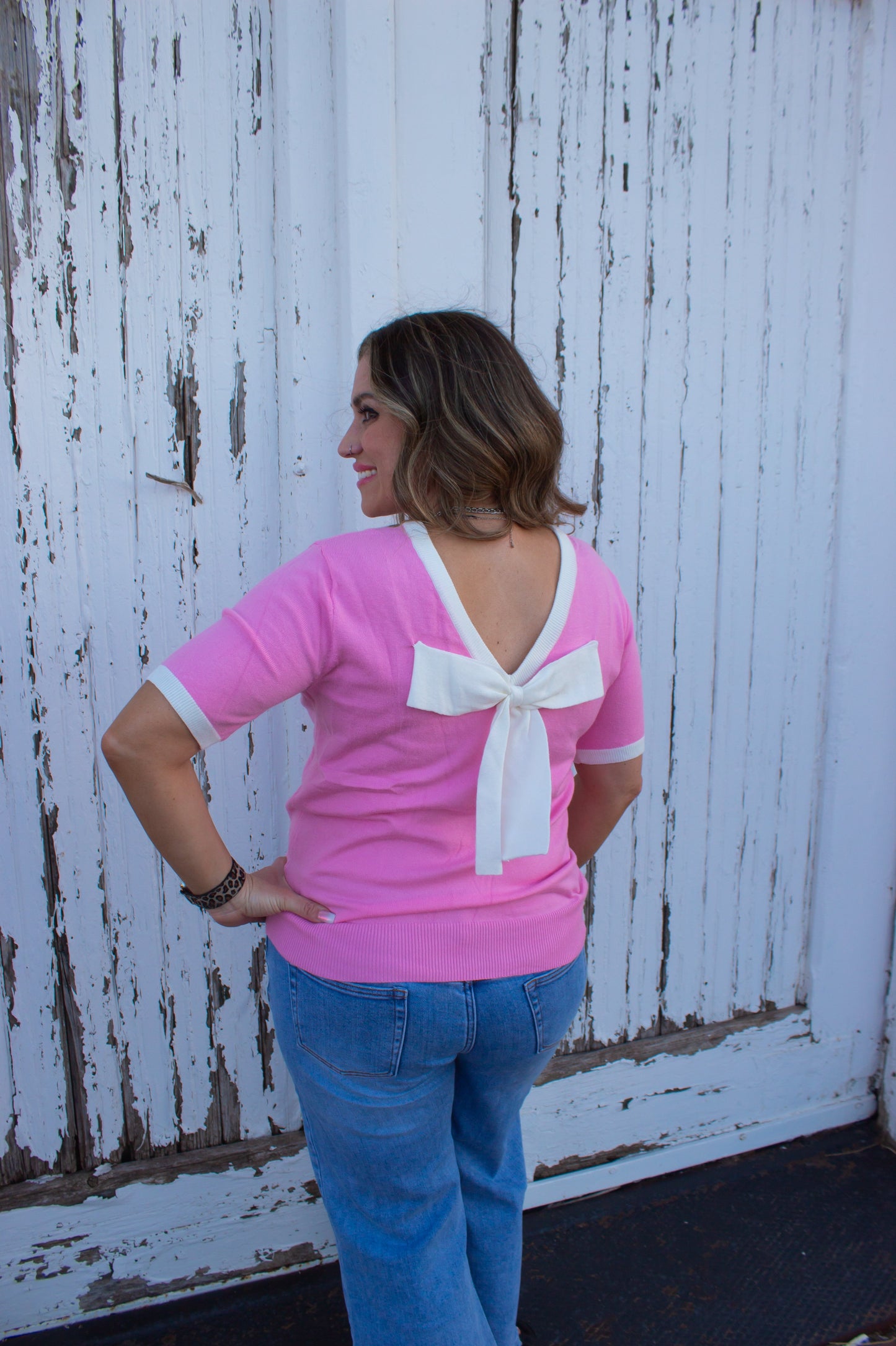 Colorblock Bow V-Shape Cut Back Short Sleeve Sweater