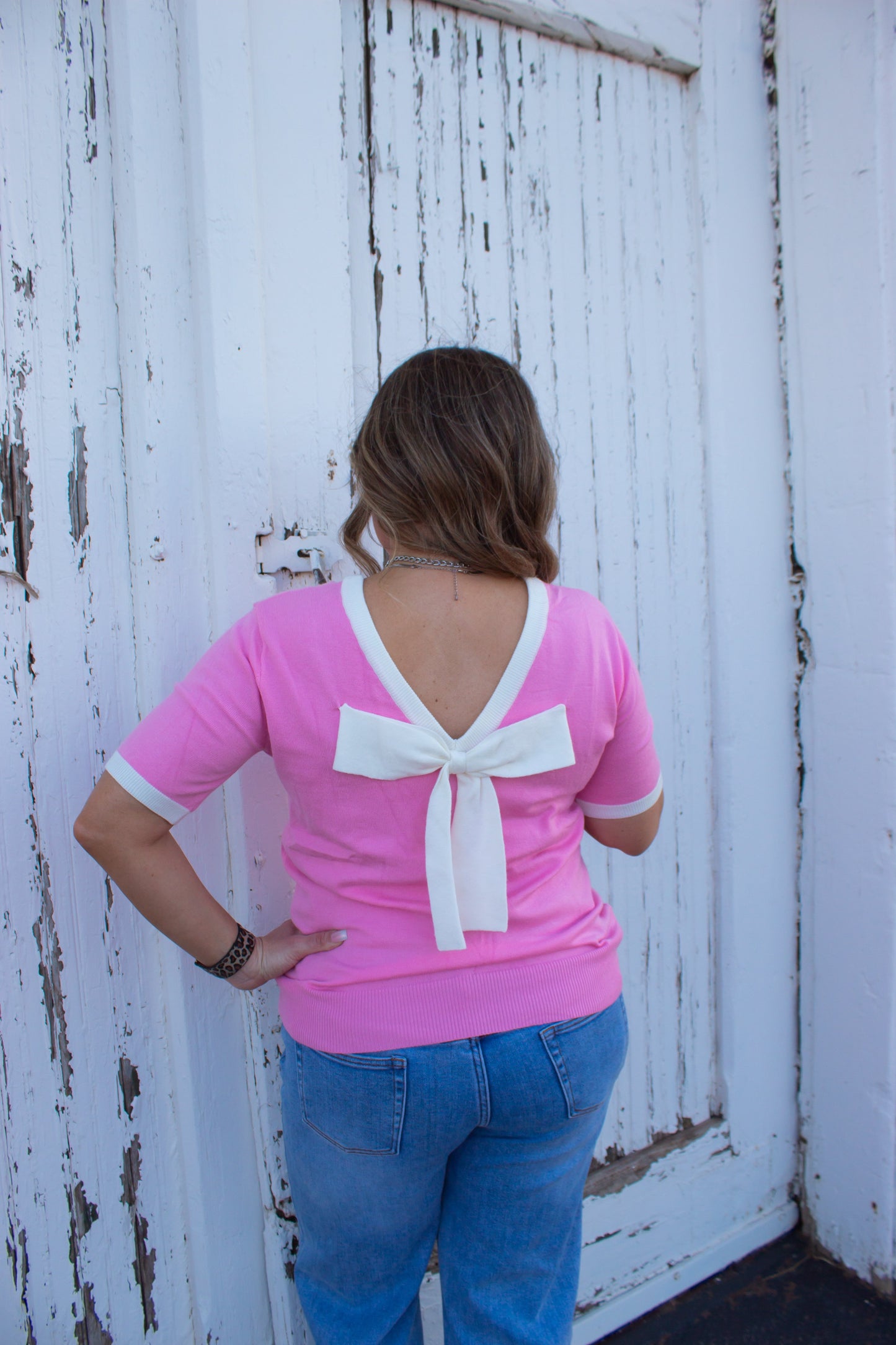 Colorblock Bow V-Shape Cut Back Short Sleeve Sweater