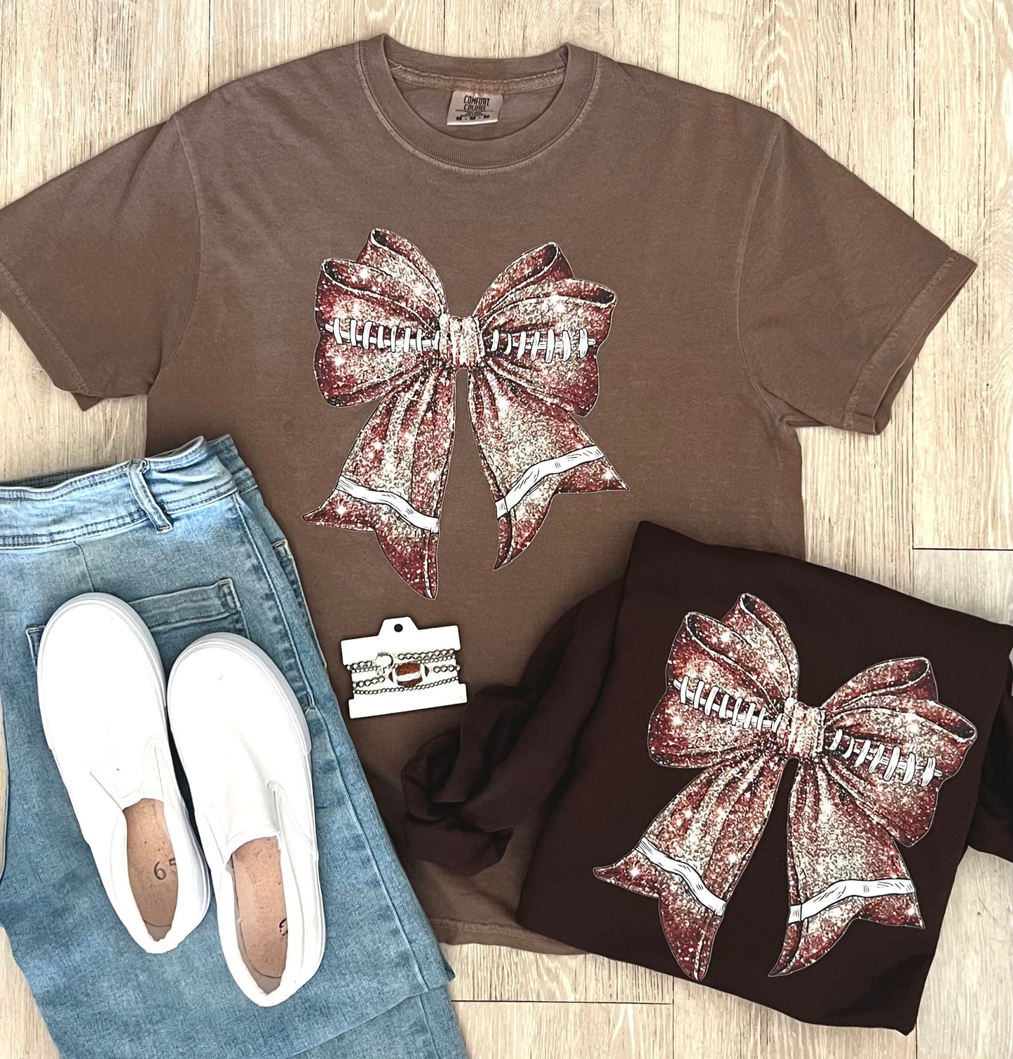 Sparkle Football Bow Graphic Tee and Sweatshirt