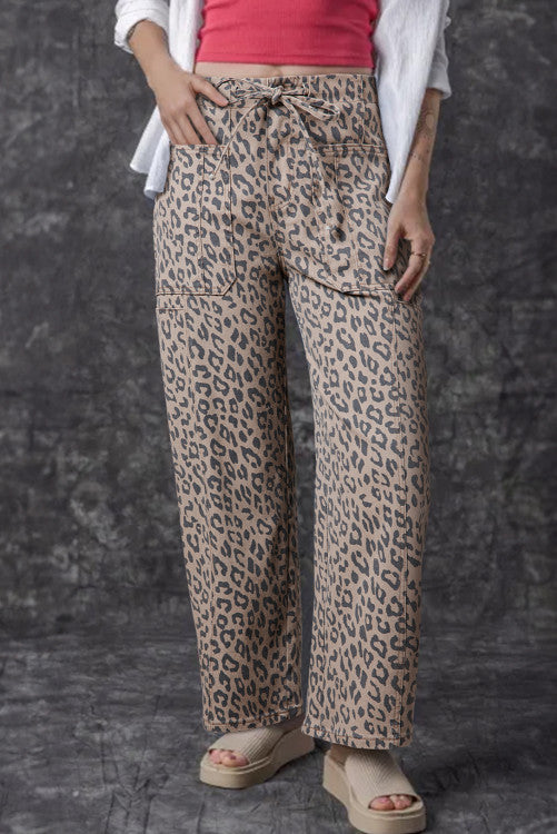 Leopard Printed Drawstring Waist Pocketed Wide Leg Jeans