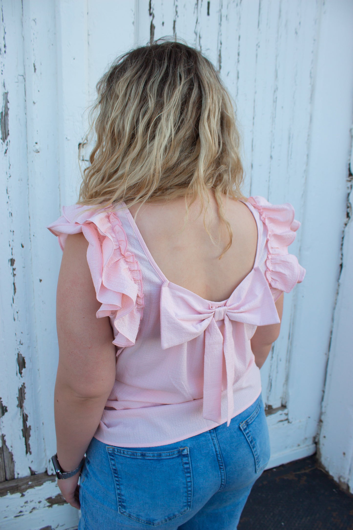 Textured Bow Knot Frilled Butterfly Sleeve Blouse