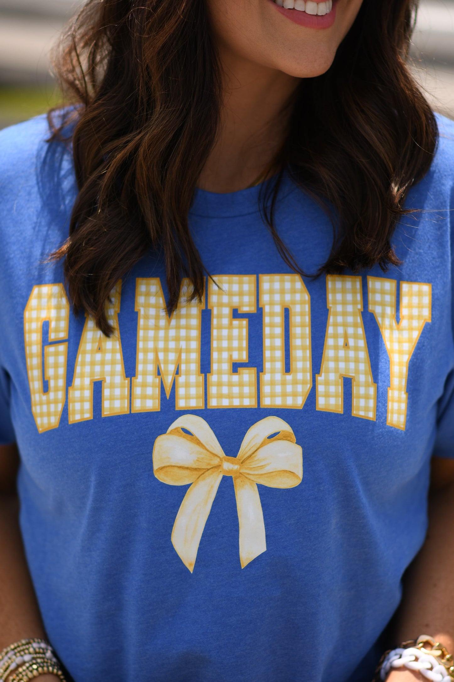 Game Day Gingham Bow Royal Tee
