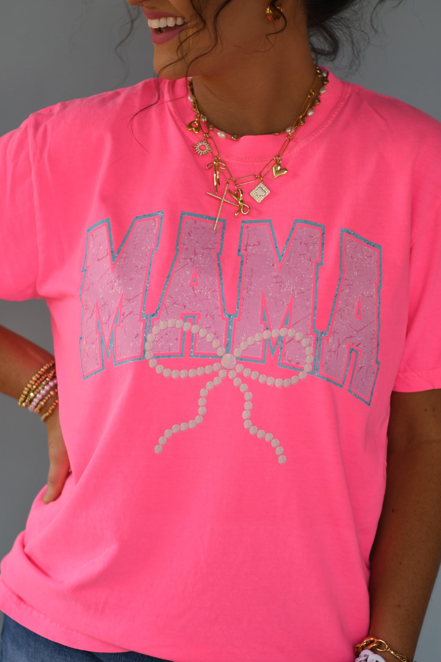 Mama Neon Pearl Bow Tee