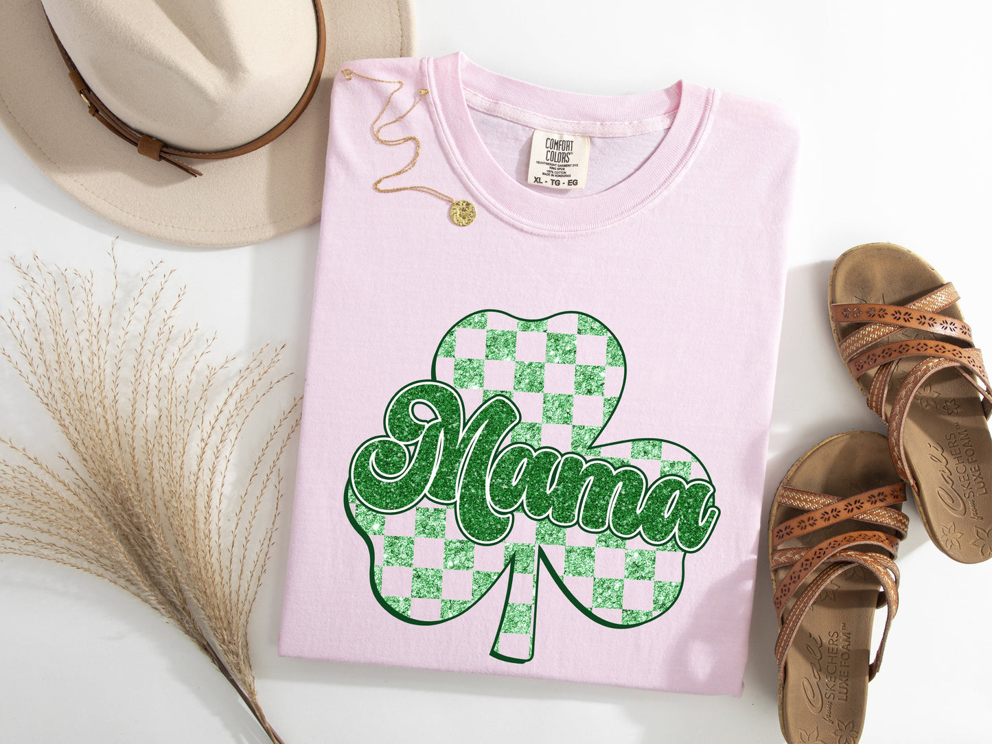 Checkered Glitter Mama Shamrock Graphic Tee