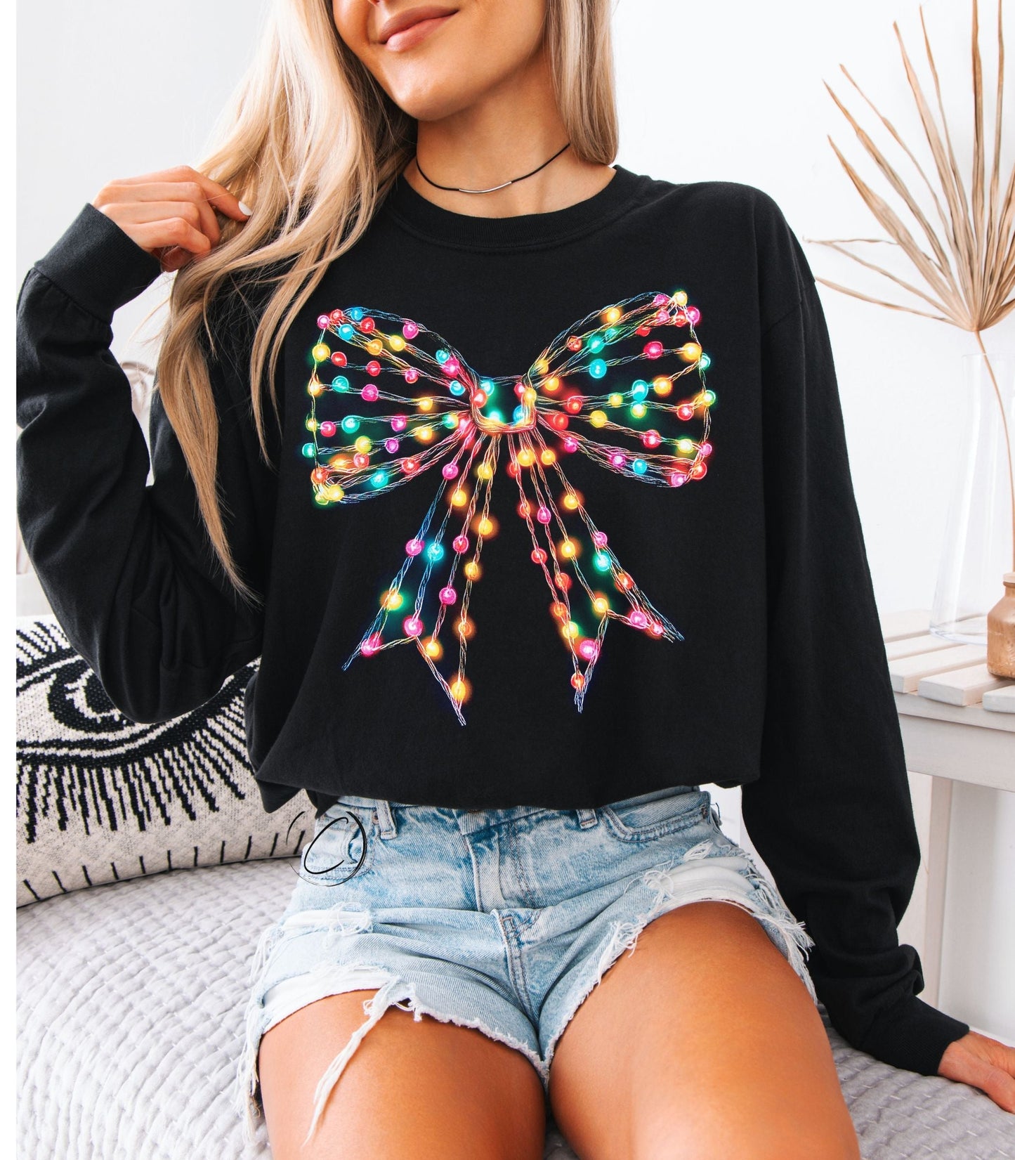 Tangled Christmas Lights Bow Long Sleeve Graphic Tee