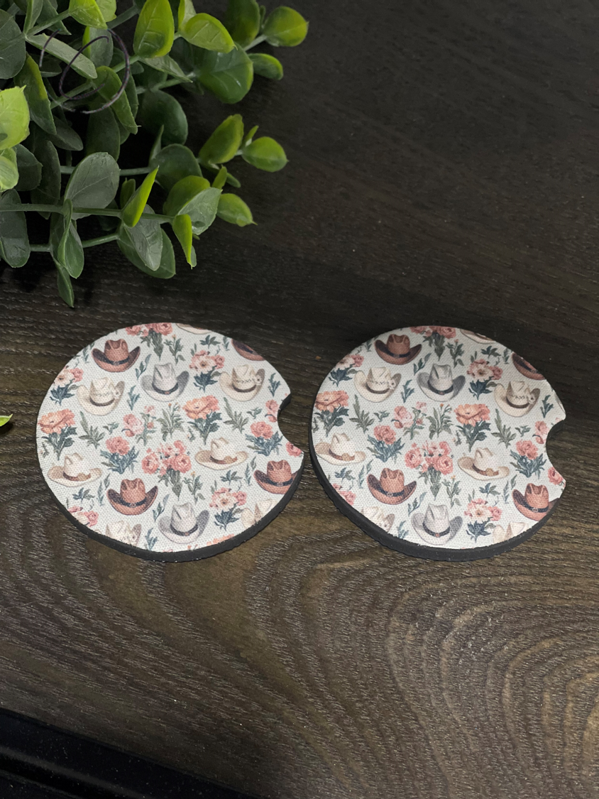 Cowgirl Hats Floral Car Coaster Set