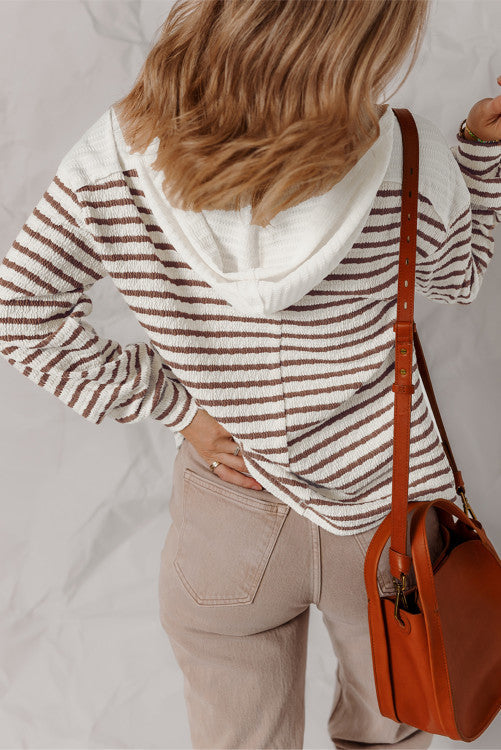 Stripe Textured Hooded V Neck Casual Long Sleeve Top