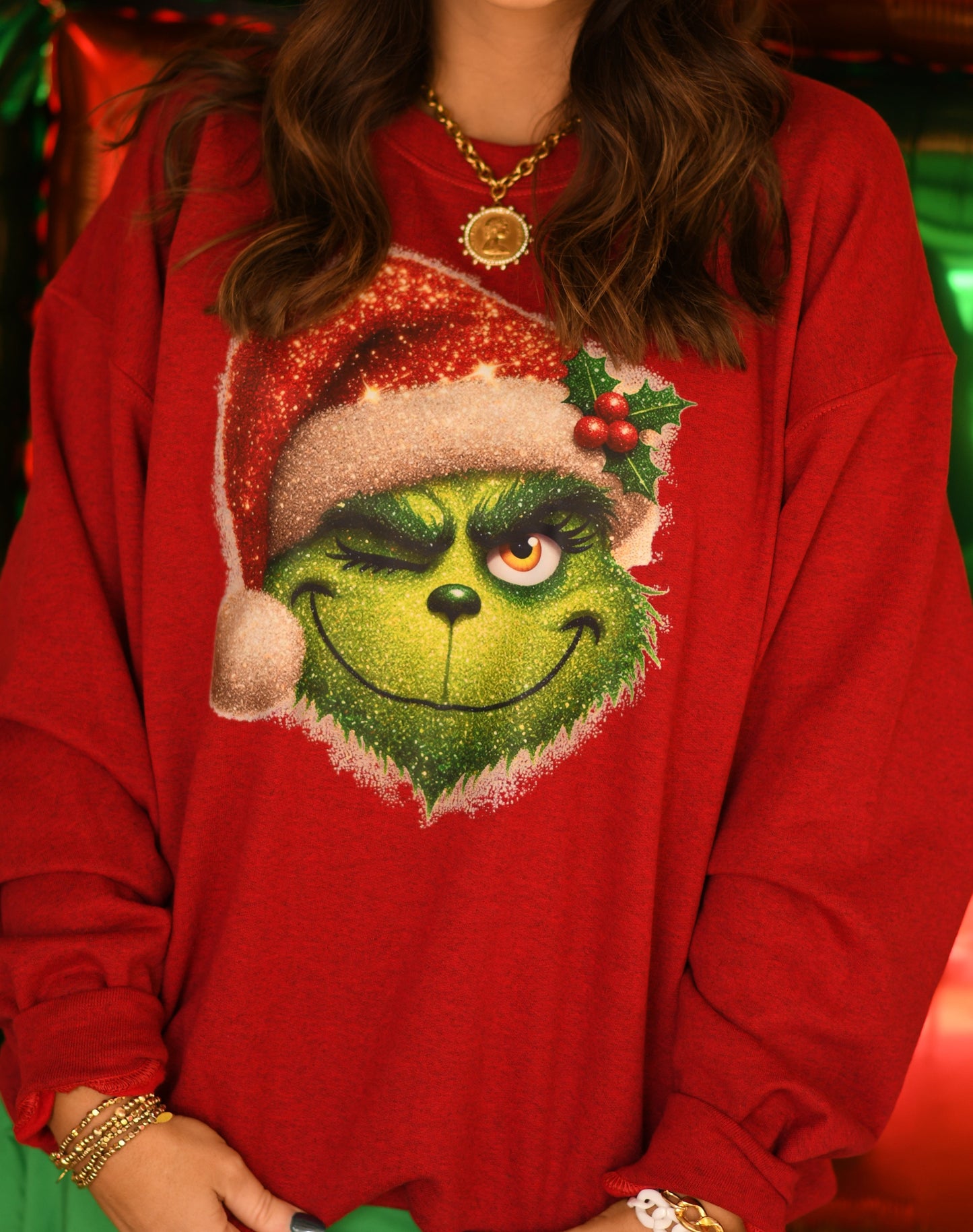 Winking Faux Sparkle Grinch Sweatshirt