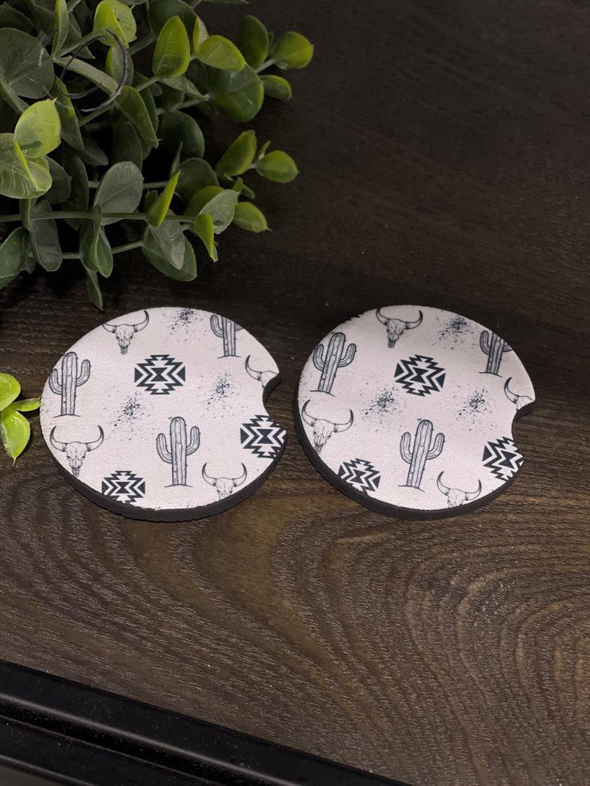 Desert Aztec Bull Skull Car Coaster Set