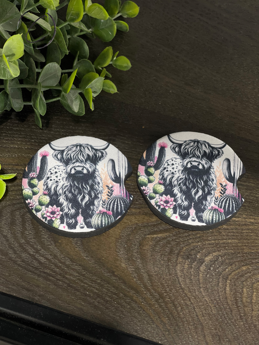Desert Highland Cow Car Coaster Set