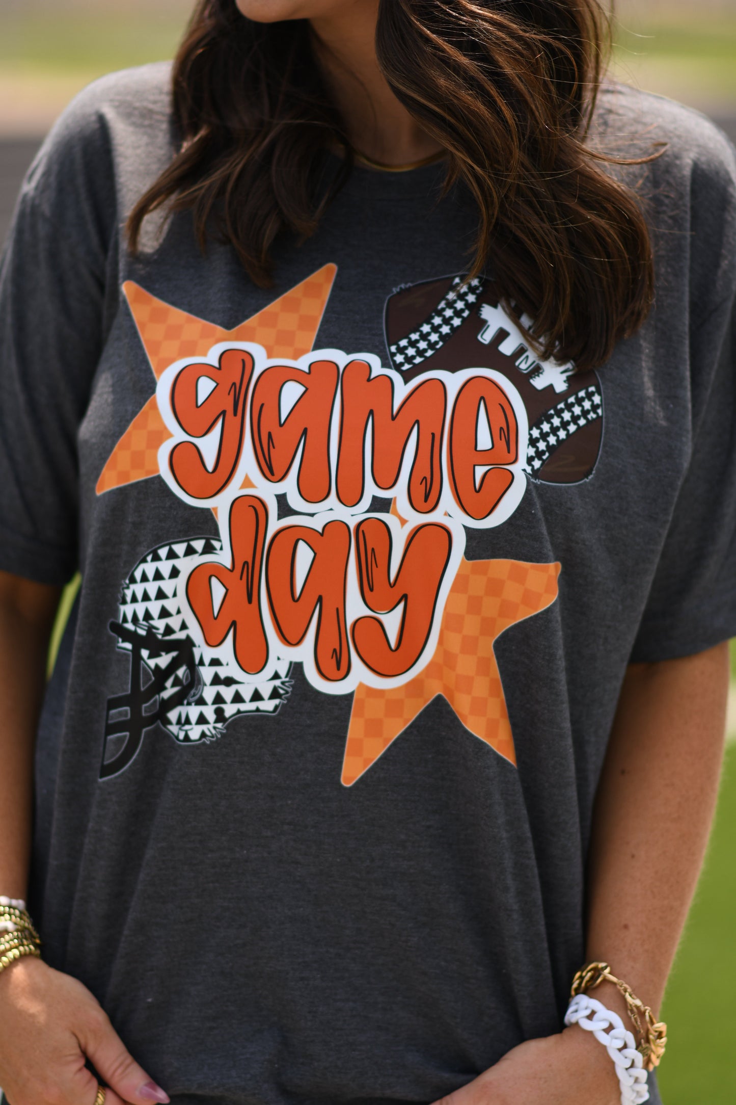 Orange Game Day Checkered Stars Tee