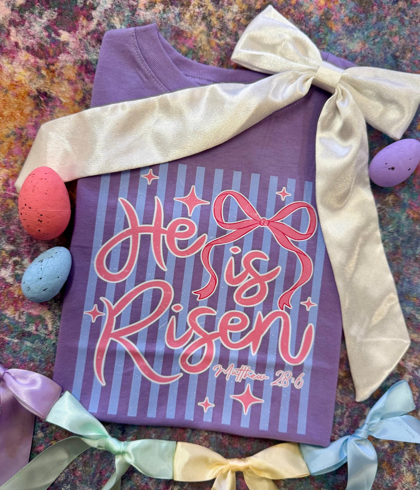 He Is Risen Stripes Bow Tee