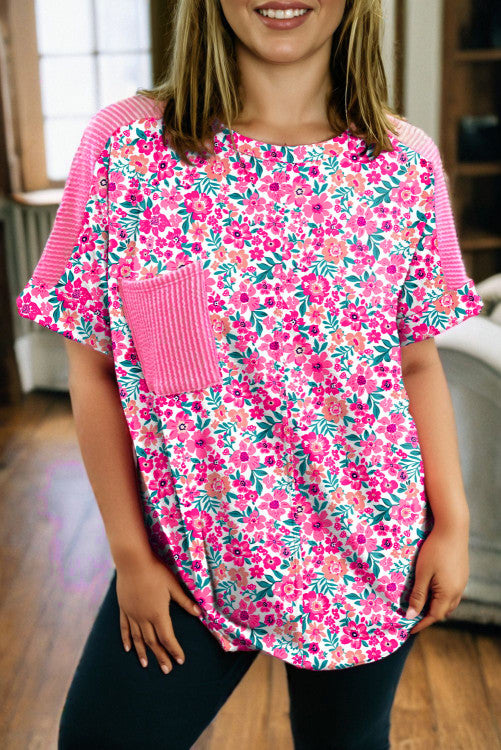 Pink Plus Size Floral Print Corded Patchwork Loose Top