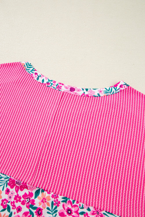 Pink Plus Size Floral Print Corded Patchwork Loose Top