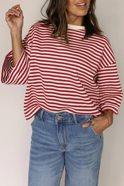 Stripe Bowknot Cutout Back Drop Shoulder Wide Bracelet Sleeve Loose Tee