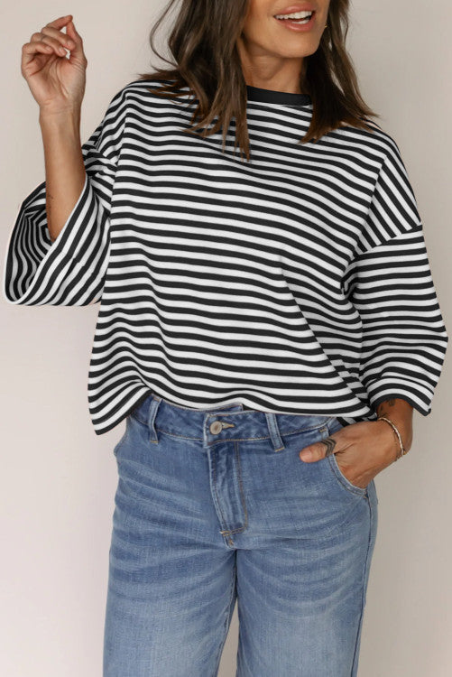 Stripe Bowknot Cutout Back Drop Shoulder Wide Bracelet Sleeve Loose Tee