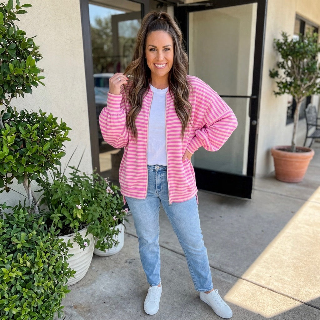 Pink Stripe Zip-up Puff Sleeve Zip Jacket Sweatshirt