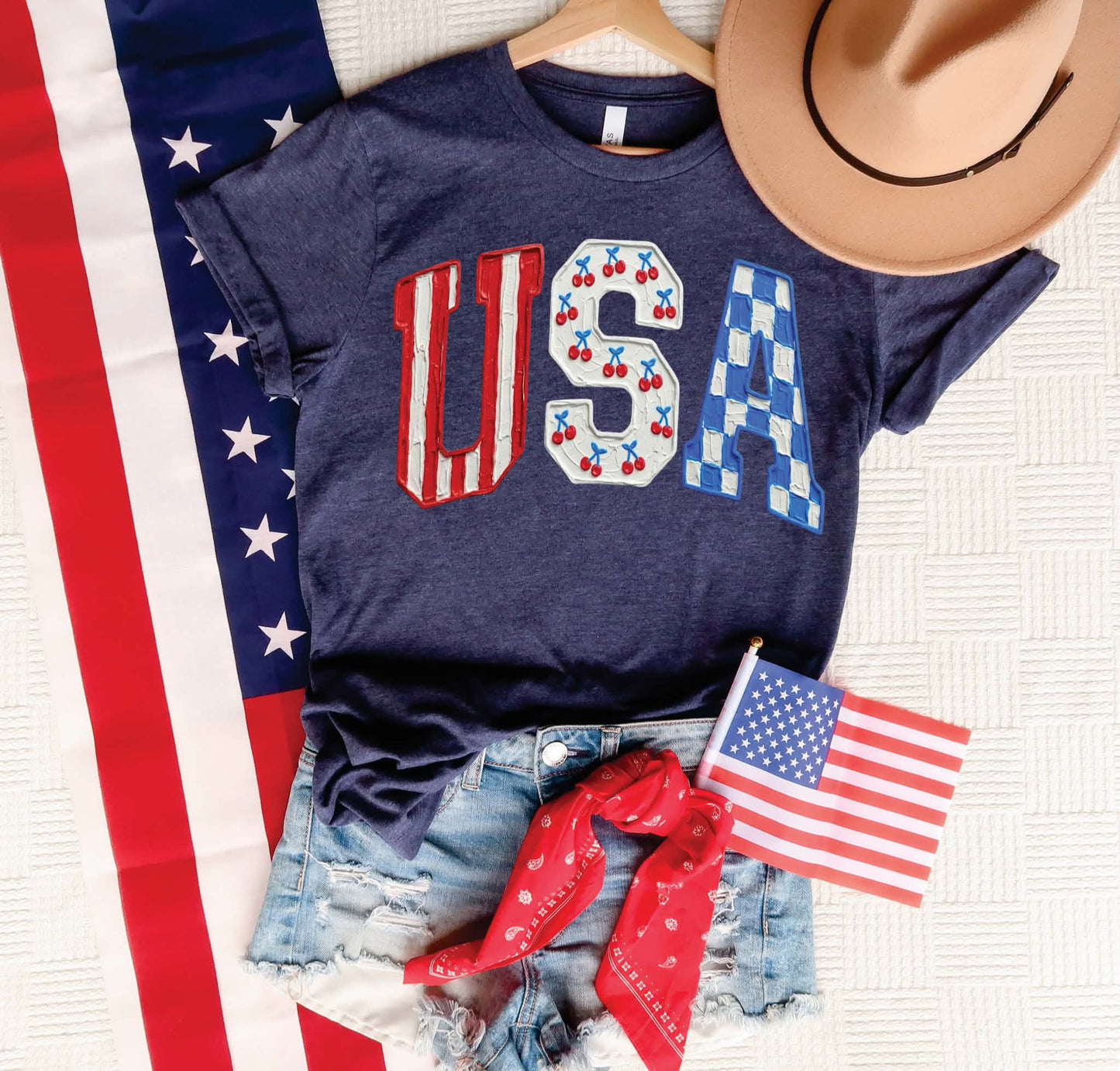 USA Faux Painted Cherries Tee *DEAL OF THE DAY*