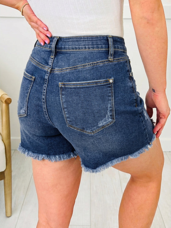 Asymmetric Raw Hem Distressed Whiskery Denim Shorts