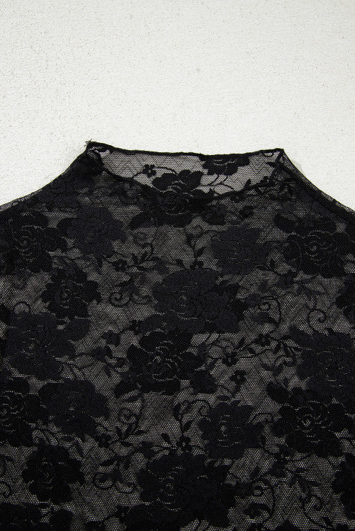 Sheer Floral Lace Mesh Mock Neck Long Sleeve Top