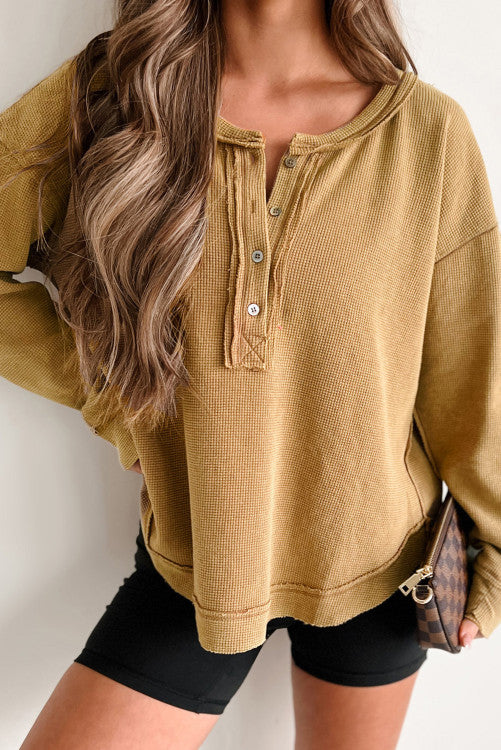 Textured Knit Half Button Drop Shoulder Oversized