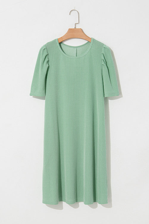 Corded Knit Crew Neck Puff Sleeve Shift Mini Dress