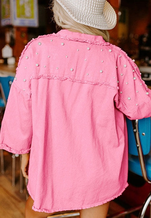 Bonbon Pearl Beaded Raw Hem Button Up Denim Jacket