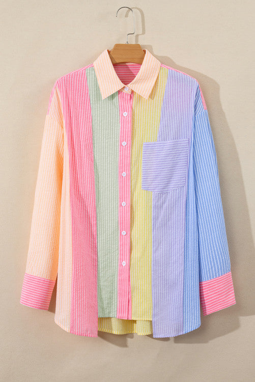 Stripe Color Block Chest Pocket Oversized Shirt