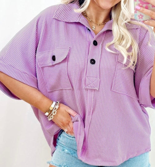 Orchid Bouquet Corded Flap Pocket Collared Buttoned Short Sleeve Blouse