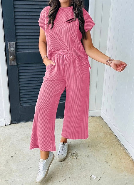 Solid Corded Knit Short Sleeve T Shirt and Wide Leg Pants Set