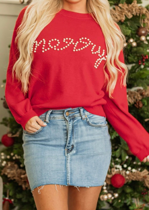 Red Pearl Beaded Merry Casual Sweater