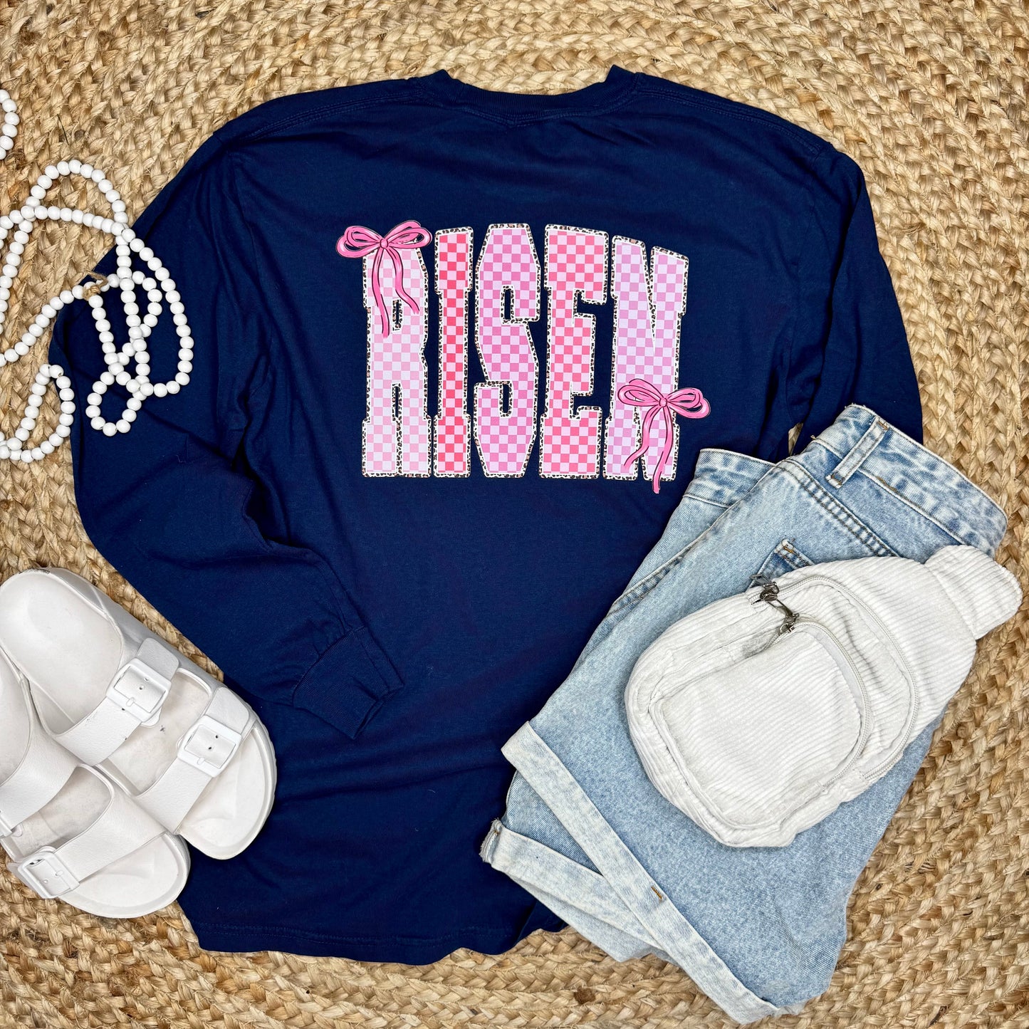 Risen Checkered Easter Front and Back Graphic Long Sleeve Tee