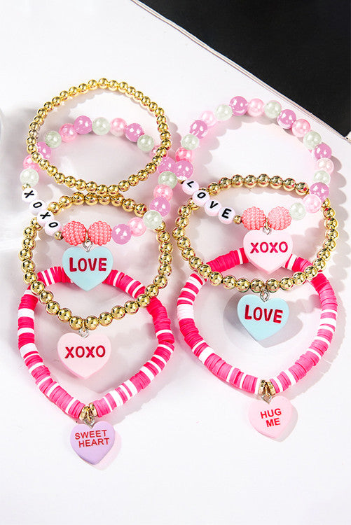Heart Pendant Beaded Elastic Bracelet Set
