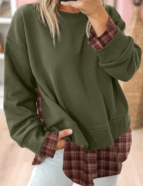Moss Green Vintage Plaid Patchwork Drop Shoulder Sweatshirt