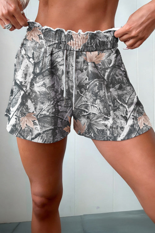 Camo Printed Tie Elastic Waist Shorts
