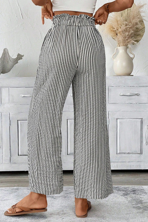 Striped Tied High Waist Loose Straight Casual Pants