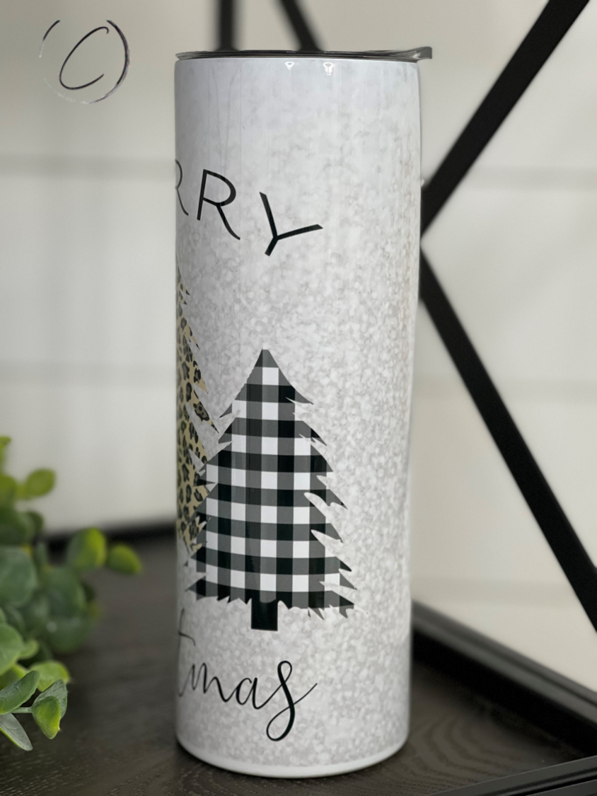 Plaid & Leopard Merry Christmas Trees 20oz Skinny Tumbler