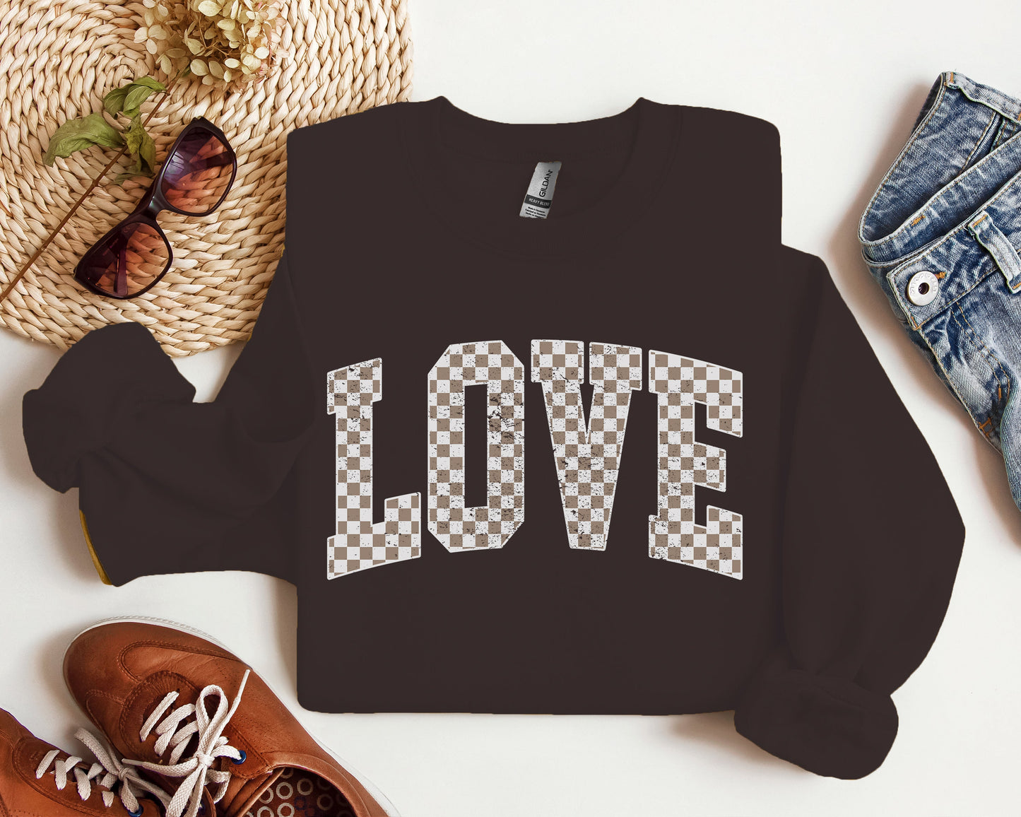 Tan Checkered Love Sweatshirt
