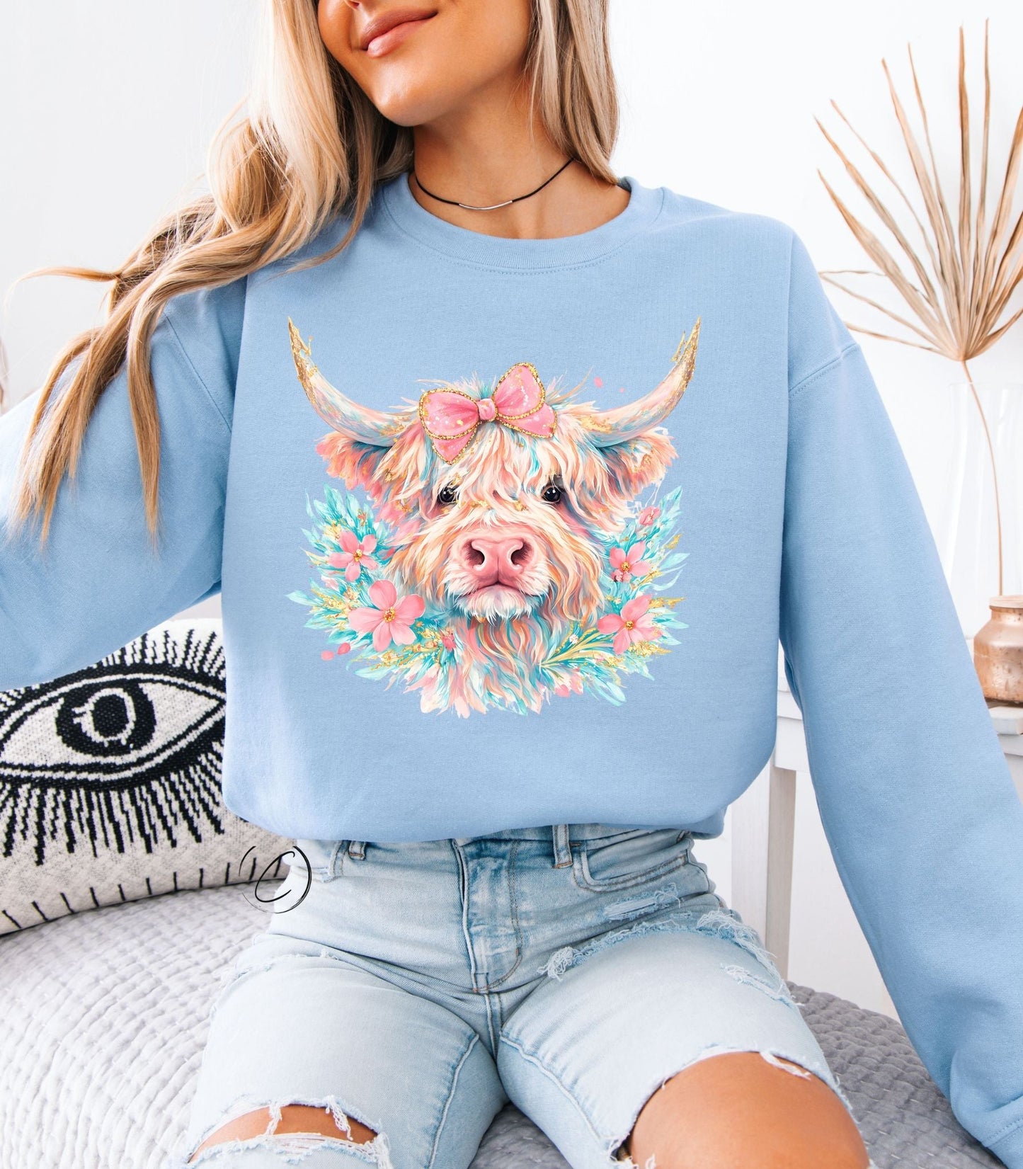 Watercolor Spring Highland Cow Sweatshirt