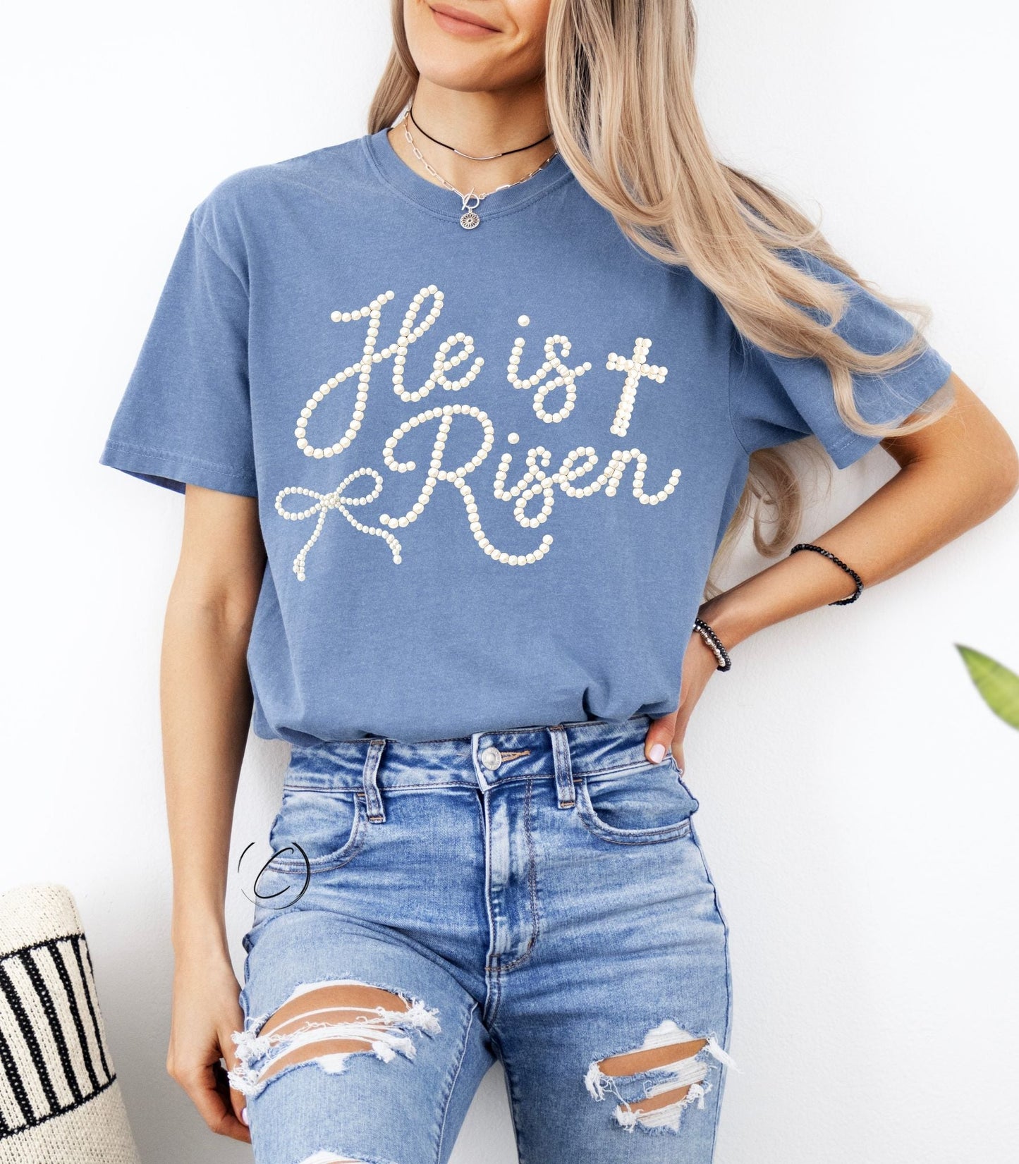 Faux Pearl He Is Risen Graphic Tee