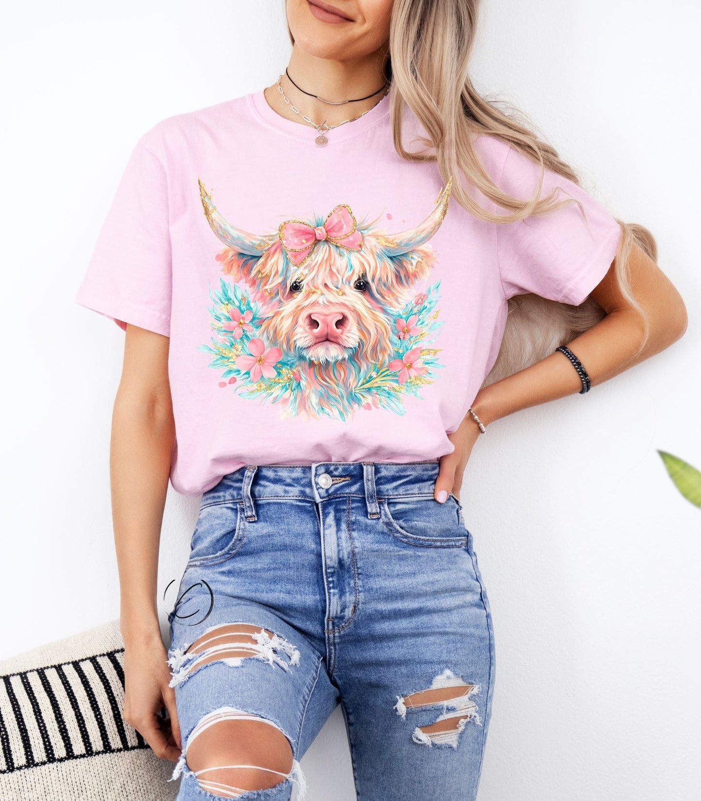 Watercolor Spring Highland Cow Graphic Tee